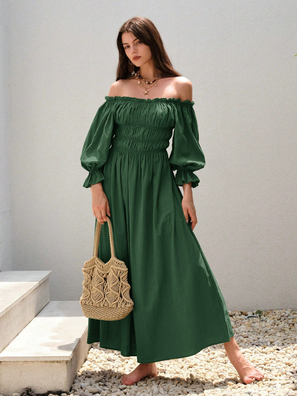 ZARA Vintage Off Shoulder Shirred Bust Long Lantern Sleeve Maxi Dress